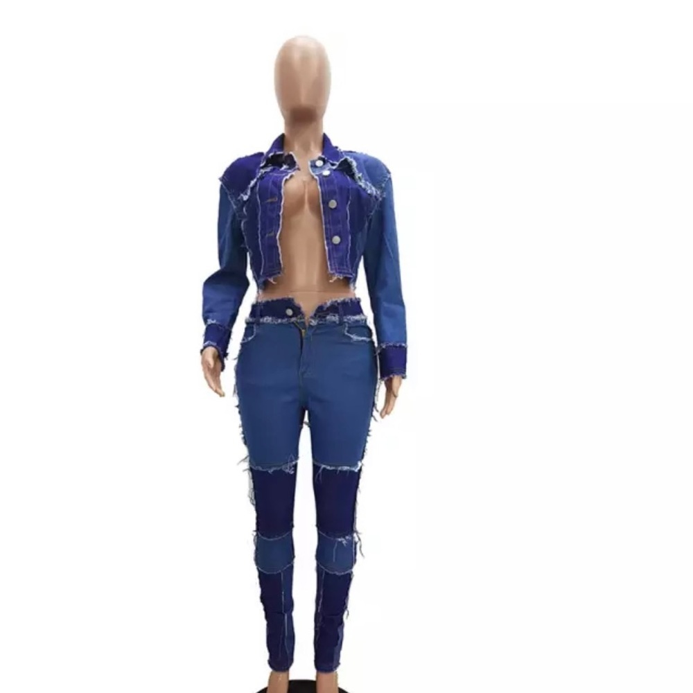 FabulouslyFitted Boutique | 2 Piece Denim Patchwork Distressed Set​